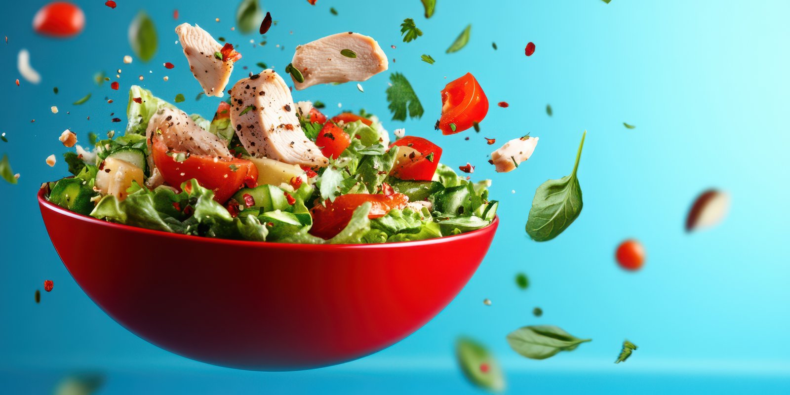 Colorful salad with fresh vegetables and grilled chicken flying in a bowl against a blue background
